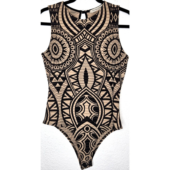 Vintage Y2K Women Mesh Bodysuit Medium Tan Black Tribal Festival Print Tank Top - Picture 1 of 10